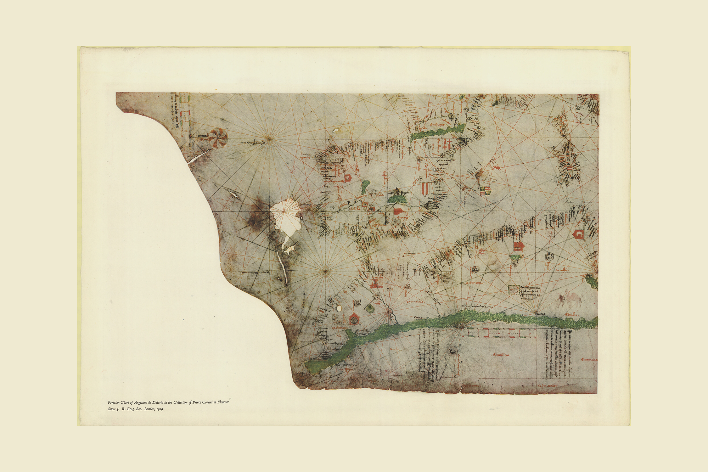 Antique Maps -  Portolan chart by Angellino de Dalorto