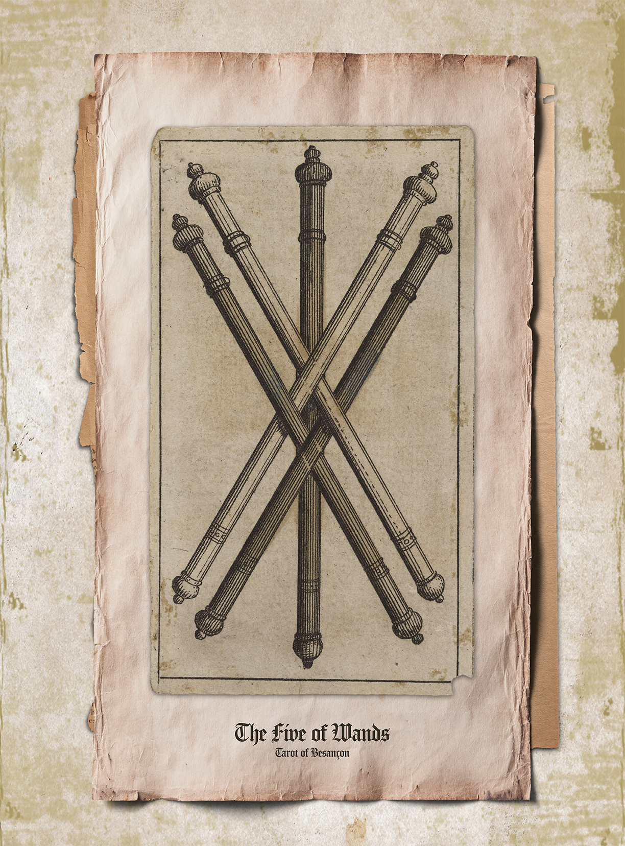 Le Cinq de Bâtons  / The Five of Wands, Tarot de Besançon.