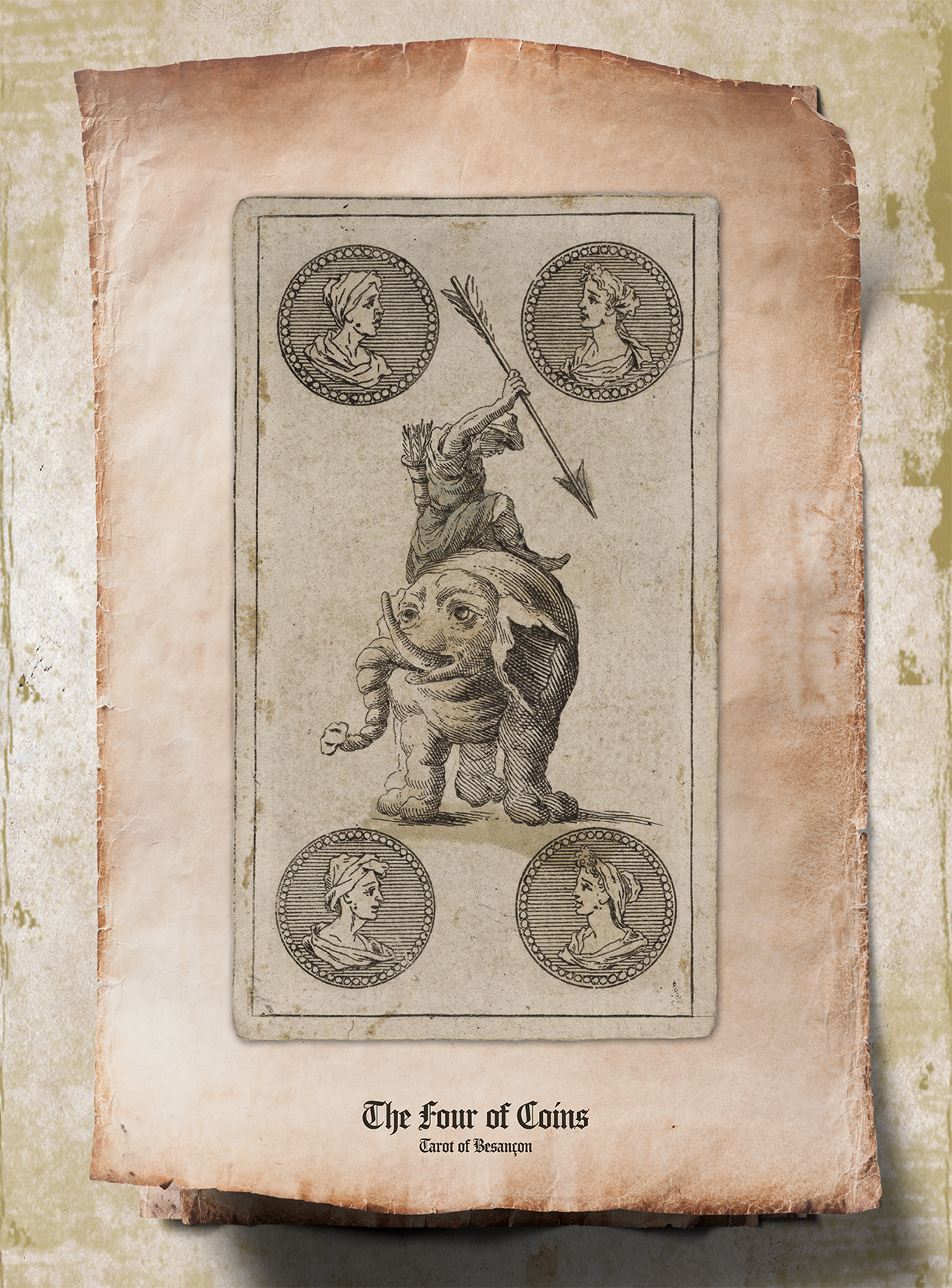 Le Quatre de Deniers / The Four of Coins, Tarot de Besançon.