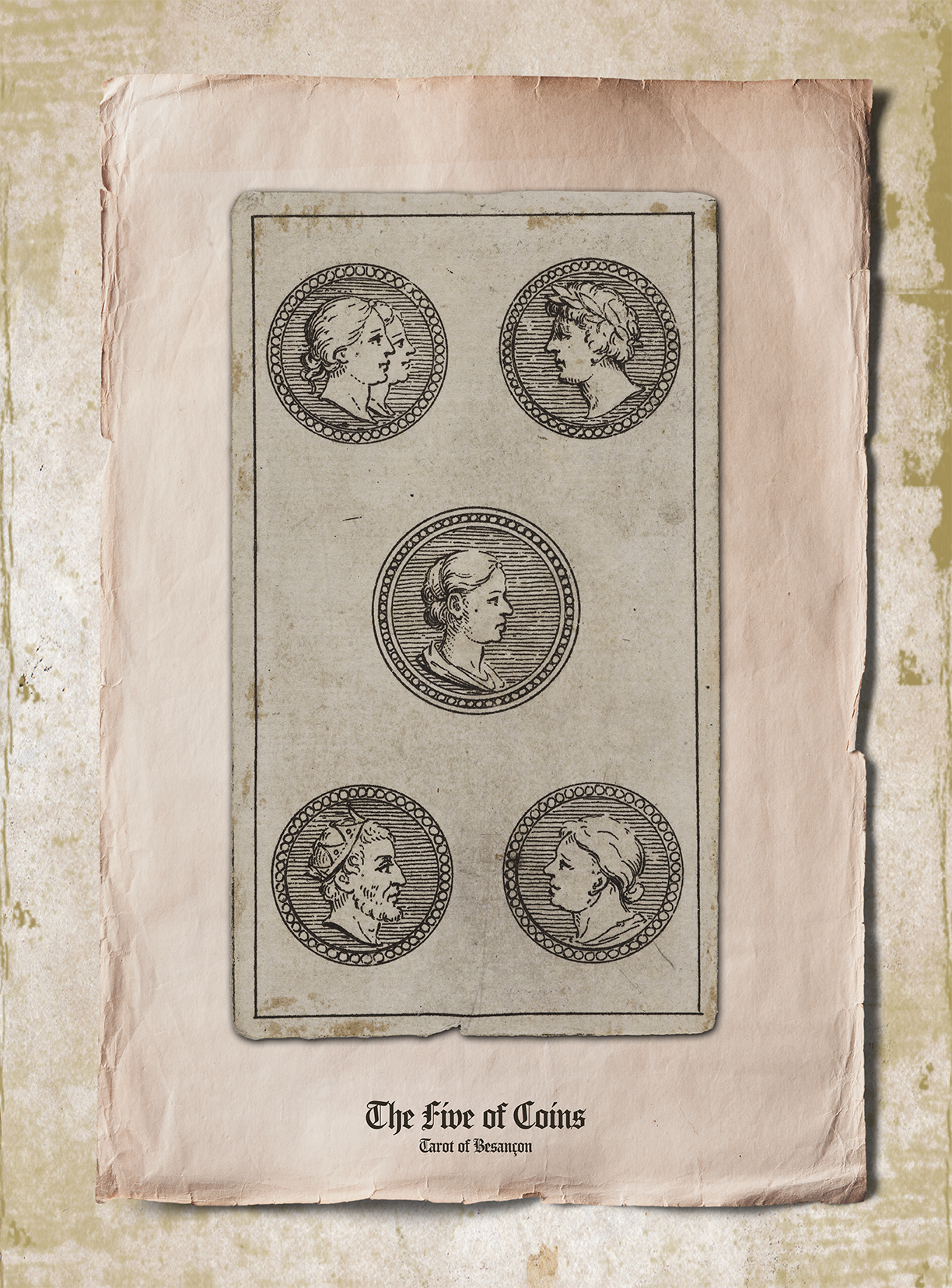 Le Cinq de Demiers / The Five of Coins, Tarot de Besançon.