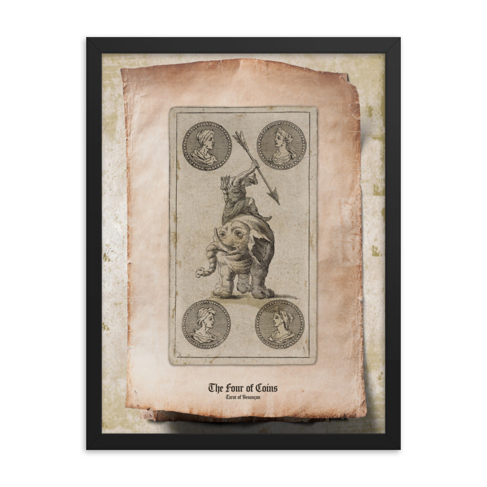 Le Quatre de Deniers / The Four of Coins, Tarot de Besançon.