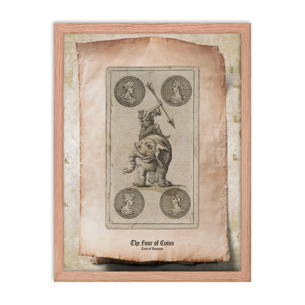 Le Quatre de Deniers / The Four of Coins, Tarot de Besançon.