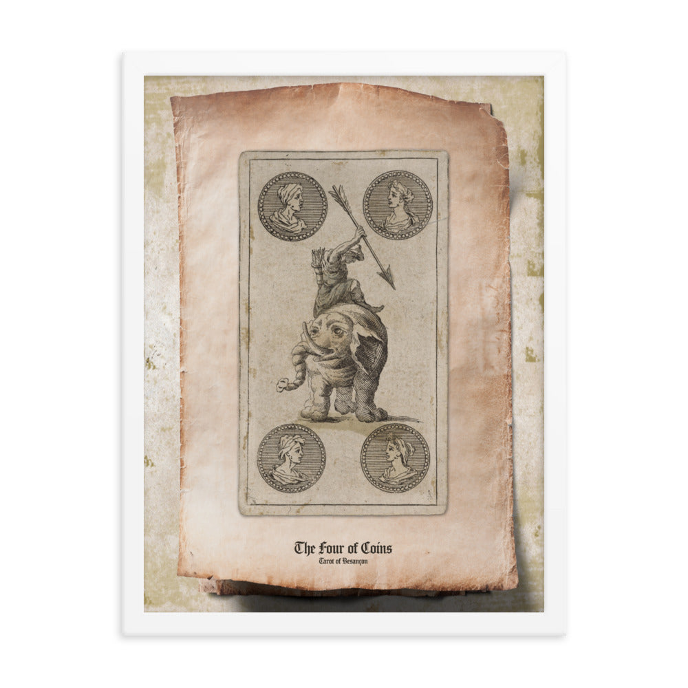 Le Quatre de Deniers / The Four of Coins, Tarot de Besançon.